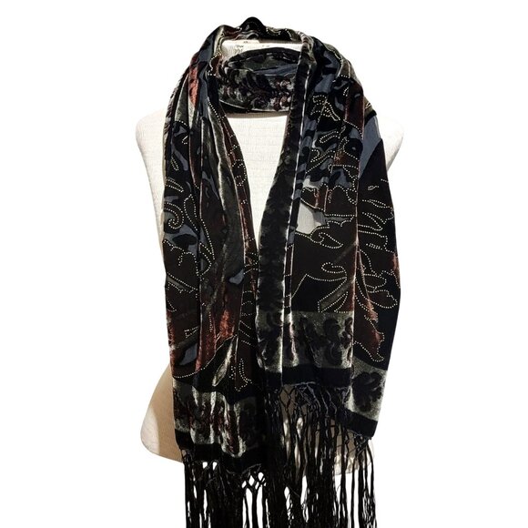 Velvet Burnout Silk Scarf Floral Art Deco Style Wrap Shawl  Fringe - Picture 1 of 11